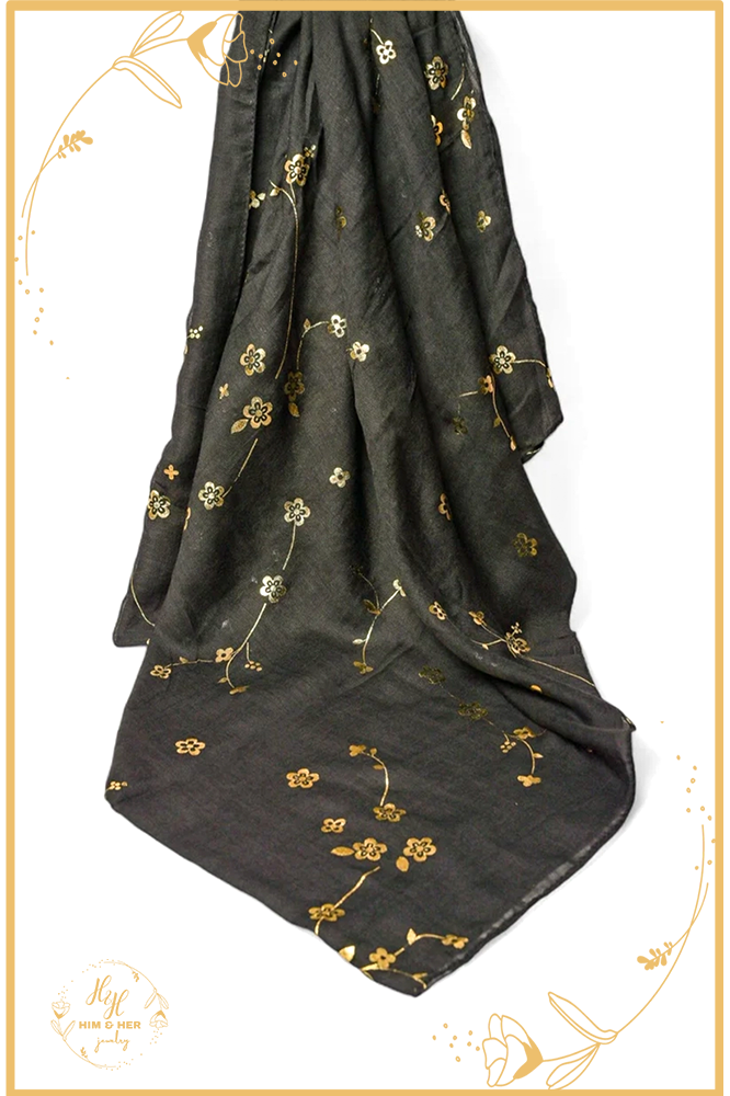 Golden Foil Lawn Hijab (Black)